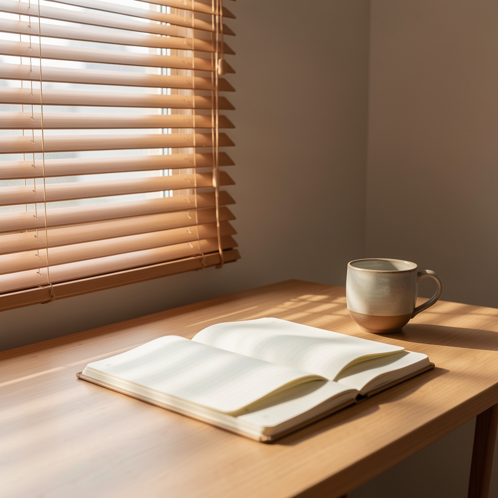 Soft morning light filtering through wooden blinds onto a minimalist desk with an open notebook and a ceramic cup