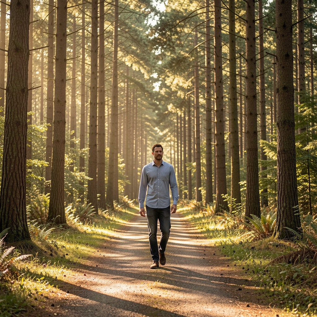 Man walking alone along a quiet forest path in dappled afternoon sunlight with tall trees on either side