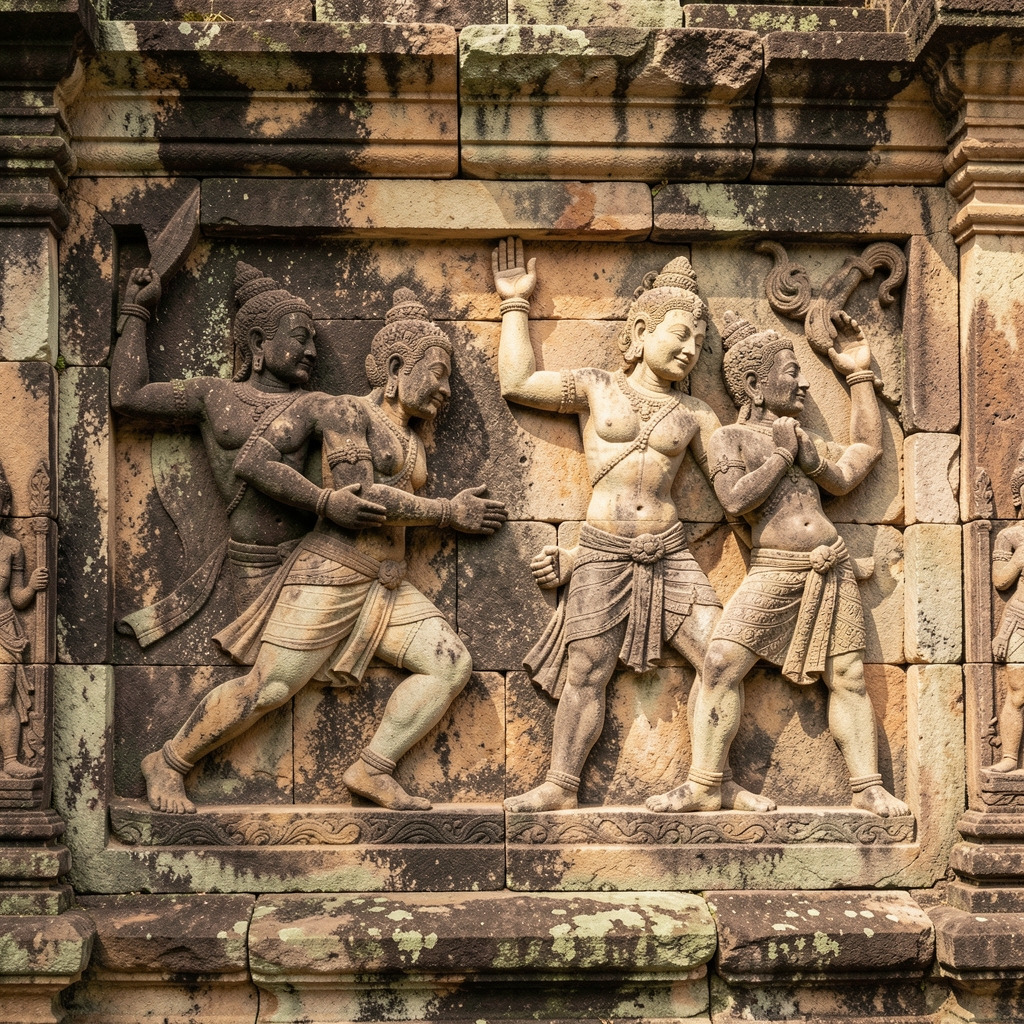 Stone relief carving on an ancient temple wall depicting human figures in active postures against a weathered background