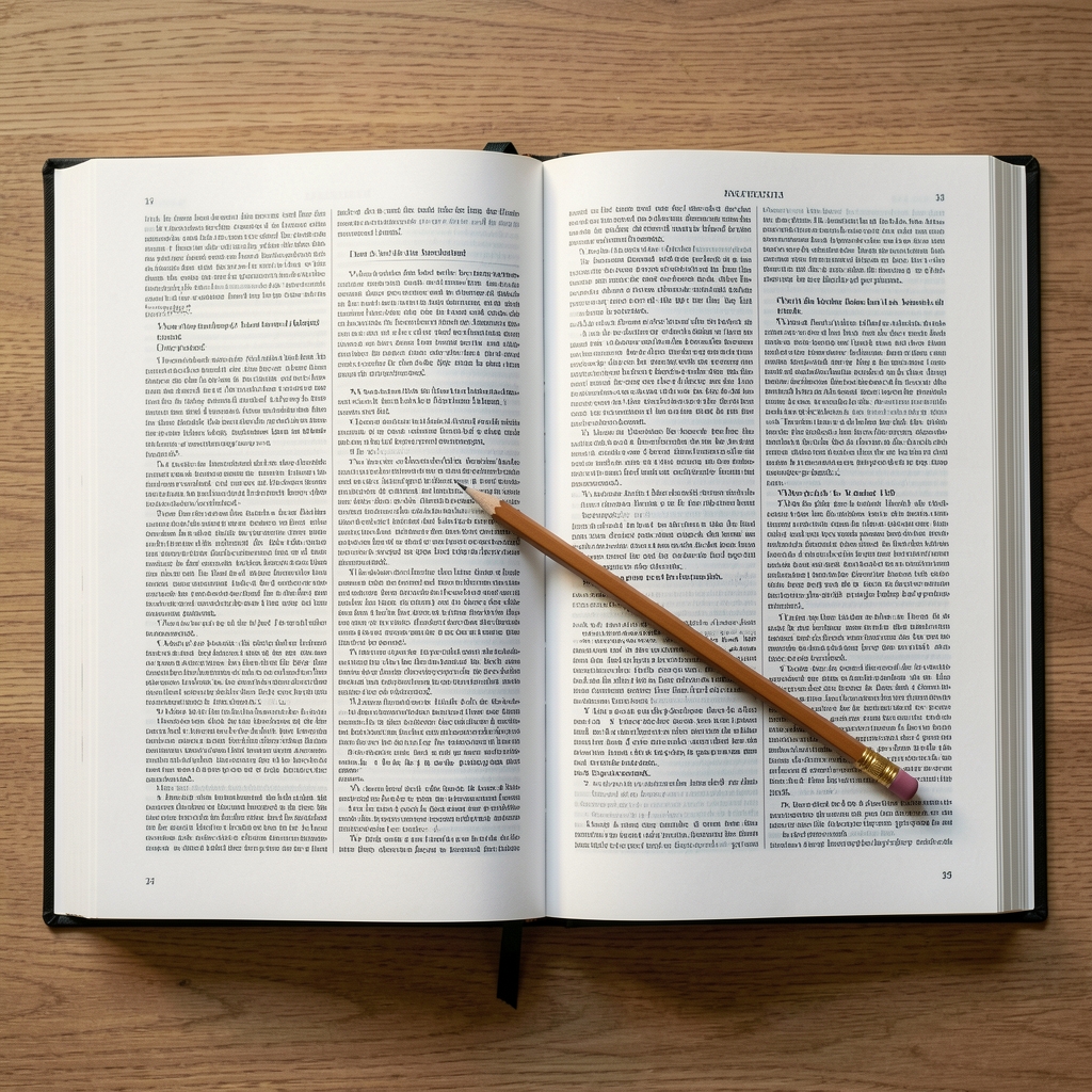 Overhead view of an open academic journal with dense text columns and a pencil resting across the pages